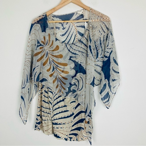 Anthropologie Tops - Anthropologie Tiny silk overlay tropical leaf print top cream blue & orange. M